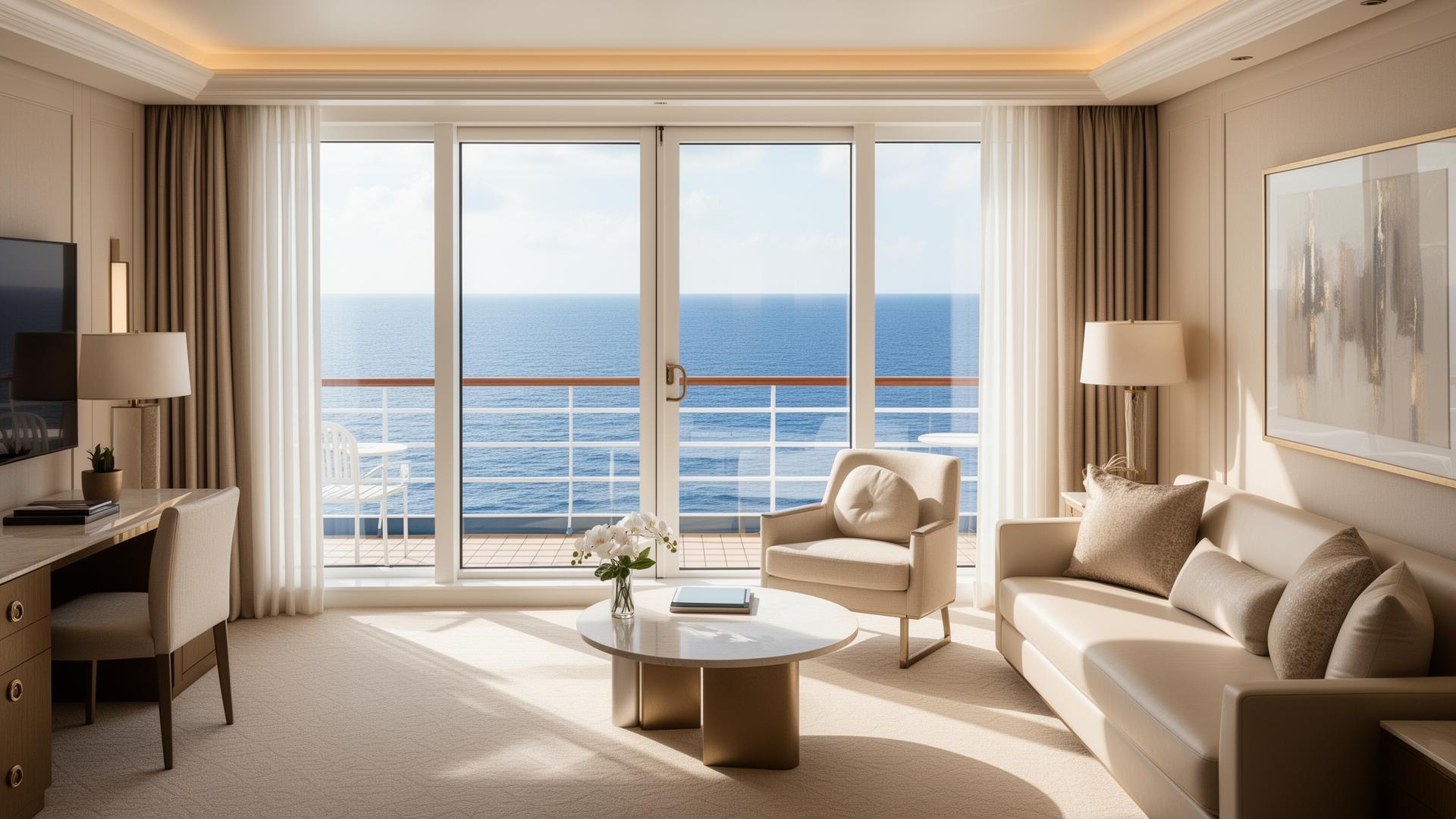 Suíte de luxo a bordo de um navio Regent Seven Seas com vista para o oceano